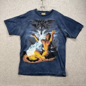 Vintage The Mountain T Shirt Mens Large Blue Native American Indian Chief Wolf